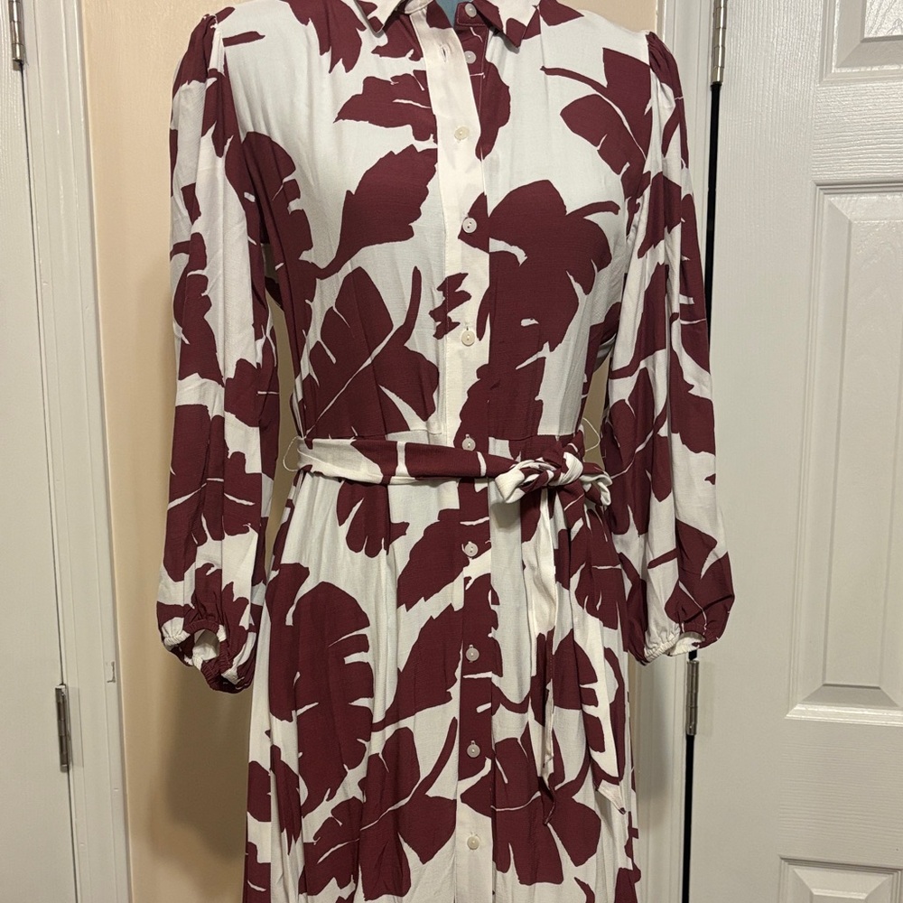 Zara Burgundy and White Leaf Print Long Sleeve Dress